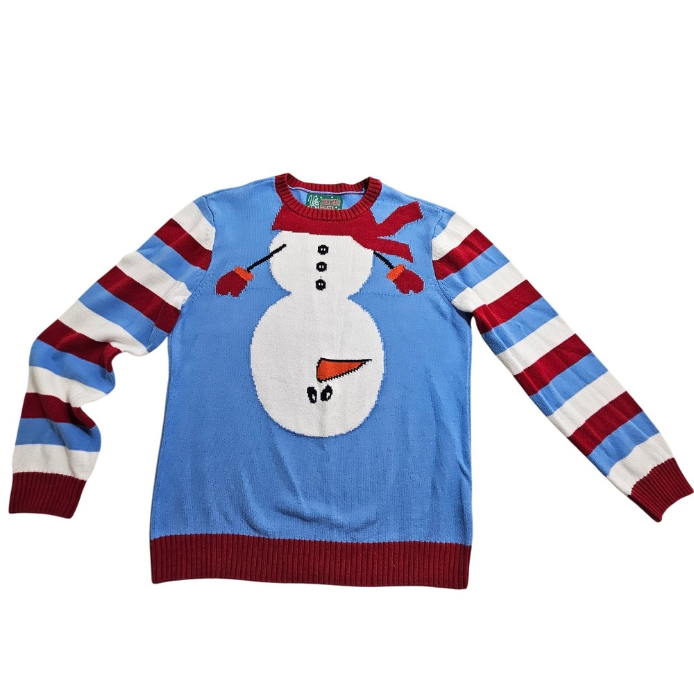Ugly Christmas Sweater Pullover Large Blue Upside Down Snowman Striped